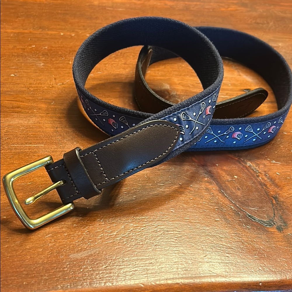 Vineyard Vines Blue and Brown Leather Belt with Brass Buckle